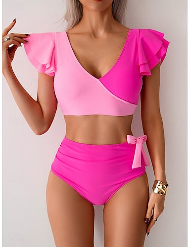 Bikini 2 Piece Swimsuit Colorblock Briefs Slim Backless Vacation Beach Wear Color Block V Neck Sleeveless Short Sleeves Bathing Suits