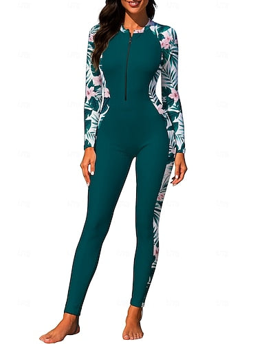 Medium Rash Guard Full Body Rash Guard One Piece Surfing Suit Tropical Zip Up With Built in Bra Front Zip Uv Sun Protection Full Coverage Upf50+ Long Sleeve Full Body Swimwear Bodysuit