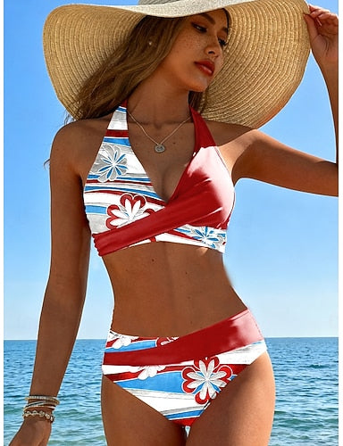 Bikini 2 Piece Swimsuit Cheeky Vacation Graphic V Neck Sleeveless Bathing Suits