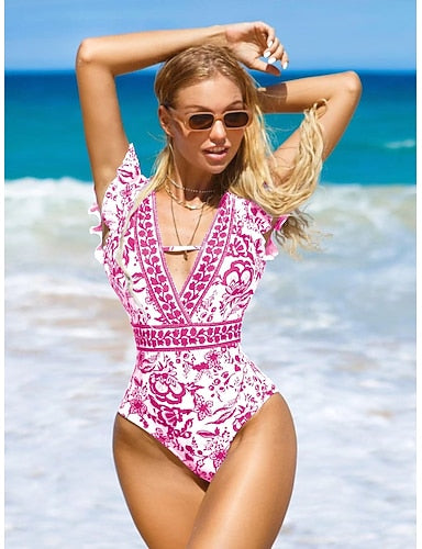 Swimwear One Piece Briefs Swimsuit Cutout Slimming Uv Protection Plunge 3d Active Graphic V Neck Sleeveless Bathing Suits