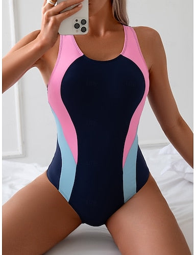 One Piece Swimsuit Slimming Colorblock Monokini Tummy Control High Waist Slim Backless Vacation Beach Wear Color Block U Neck Sleeveless Bathing Suits