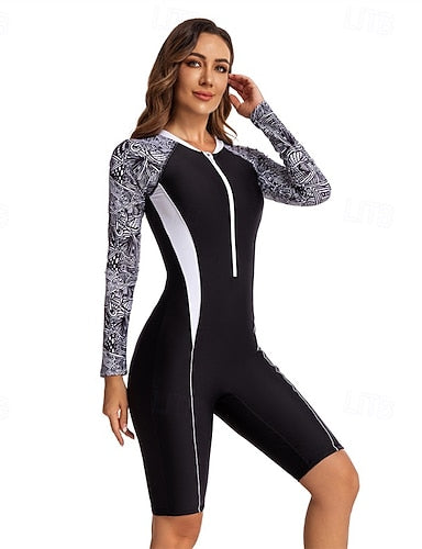 Rash Guard One Piece Swimsuit Printed Front Zip Spandex Uv Sun Protection Upf50+ Quick Dry Long Sleeve Bodysuit Bathing Suit Surfing Beach Water Sports Summer