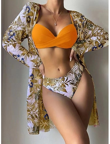 Swimwear Bikini Three Piece Cheeky Swimsuit Slim Backless Vacation Beach Wear Leaves Halter Neck Sleeveless Bathing Suits