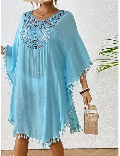 Cover Up Swimsuit Dress Lace Patchwork Fringe Vacation Beach Wear Color Round Neck Long Sleeve Bathing Suits