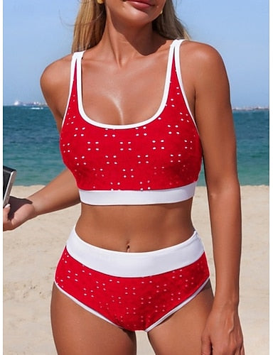 Swimwear Bikini 2 Piece High Waist Swimsuit Slim Backless Vacation Beach Wear Color Polka Dot Scoop Neck Sleeveless Bathing Suits