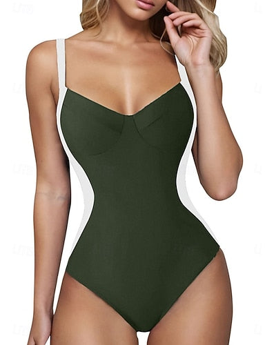 One Piece Swimsuit Slimming Colorblock Monokini Tummy Control High Waist Slim Backless Vacation Beach Wear Color Block V Neck Sleeveless Bathing Suits