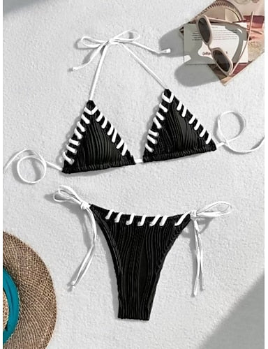 Swimwear Bikini 2 Piece Thong Swimsuit Slim Backless Vacation Beach Wear Color Halter Neck Sleeveless Bathing Suits