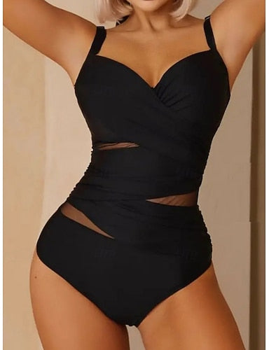 One Piece Swimsuit Slimming Cutout Monokini Tummy Control High Waist Slim Backless Vacation Beach Wear Color V Neck Sleeveless Bathing Suits