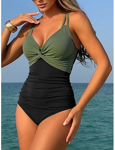 One Piece Swimsuit Ruched Colorblock Monokini Tummy Control High Waist Slim Backless Vacation Beach Wear Color V Neck Sleeveless Bathing Suits