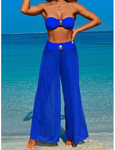 Swimwear Three Piece Pant Swimsuit Ruched Backless Vacation Beach Wear Plain Strapless Sleeveless Bathing Suits