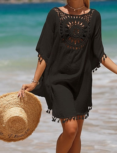 Swimwear Cover Up Swim Dress Swimsuit Crochet Vacation Beach Wear Color Round Neck Short Sleeves Bathing Suits