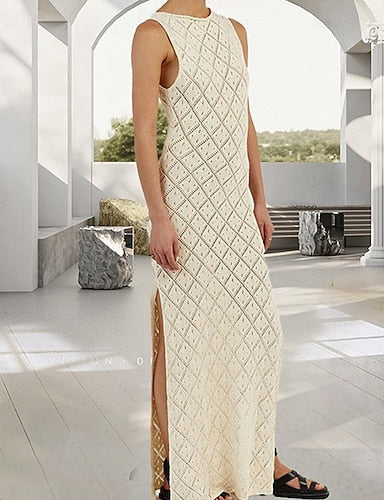Swimwear Cover Up Swimsuit Cut Out Knitted Vacation Beach Wear Plain Round Neck Sleeveless Bathing Suits