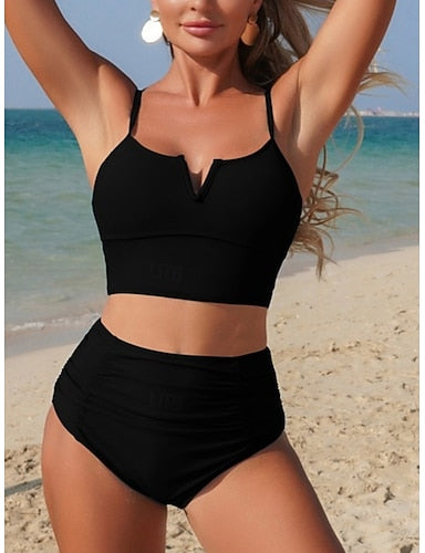 Swimwear Bikini 2 Piece High Waist Swimsuit Slim Backless Vacation Beach Wear Color V Neck Sleeveless Bathing Suits