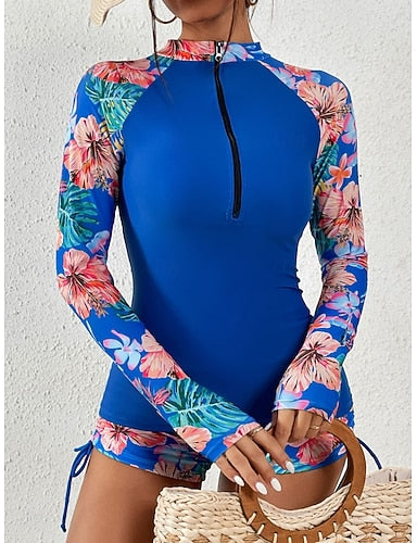 Tankini 2 Piece Swimsuit Shorts Tummy Control High Waist Slim Backless Vacation Beach Wear Leaves High Neck Long Sleeve Bathing Suits