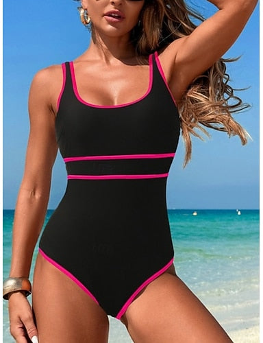 One Piece Swimsuit Slimming Colorblock Monokini Tummy Control High Waist Slim Backless Vacation Beach Wear Stripe U Neck Sleeveless Bathing Suits