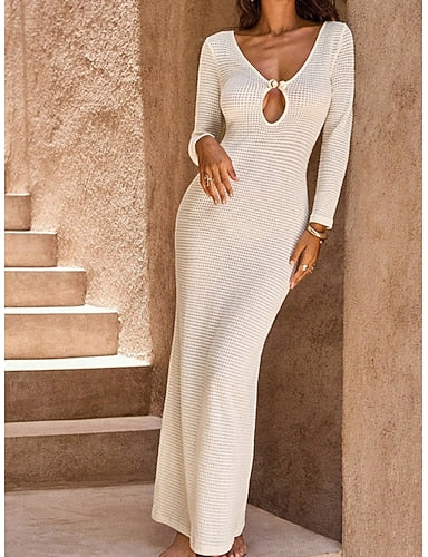 Maxi Long Dress Beach Dress Summer Dress Modern Outdoor Beach Vacation Loose Fit Plain Long Sleeve V Neck Black Brown Green Beige Summer Spring