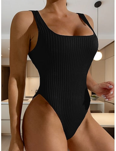 One-piece Tummy Control Bathing Suits Textured Square Neck Color Holiday Vacation Skinny Strapless Black White Swimwear