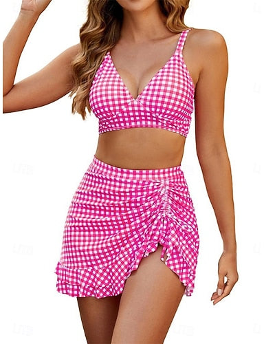 Swimwear Bikini 2 Piece Skirt Swimsuit Slim Backless Vacation Beach Wear Plaid Stripe V Neck Sleeveless Bathing Suits