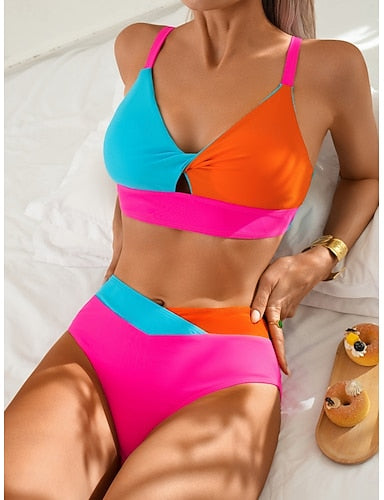 Swimwear Bikini 2 Piece Cheeky Swimsuit Slim Backless Vacation Beach Wear Color Block V Neck Sleeveless Bathing Suits