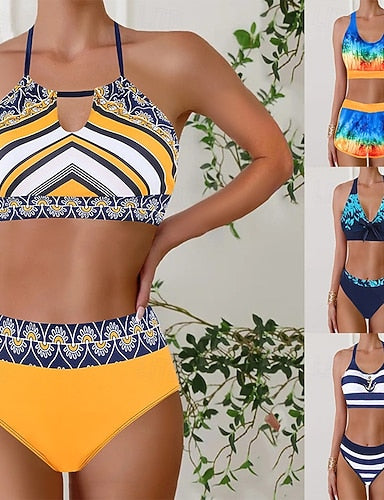 Bikini 2 Piece Swimsuit Colorblock Briefs Slim Backless Vacation Beach Wear Geometric Color Block Halter Neck Sleeveless Bathing Suits