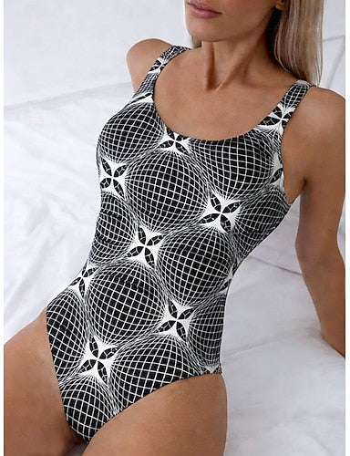 Swimwear One Piece Briefs Swimsuit Beach Wear Summer Graphic Geometic Scoop Neck Sleeveless Bathing Suits