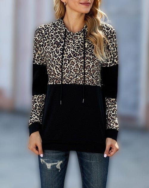 EP | MW Sweat à capuche noir pour femme avec cordon de serrage et motif léopard