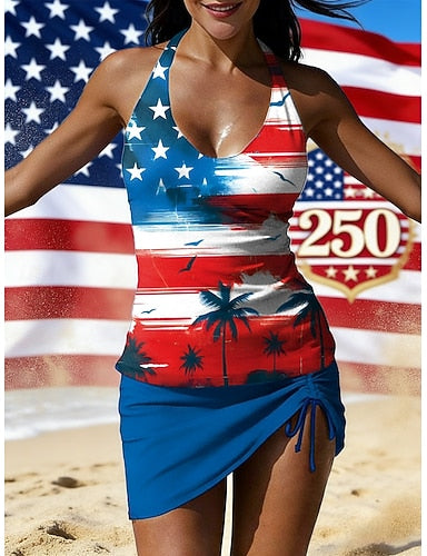 Independence Day American Anniversary Patriotic Swimwear Tankini Skirt Swimsuit Vacation Graphic Flag Halter Neck Sleeveless Bathing Suits