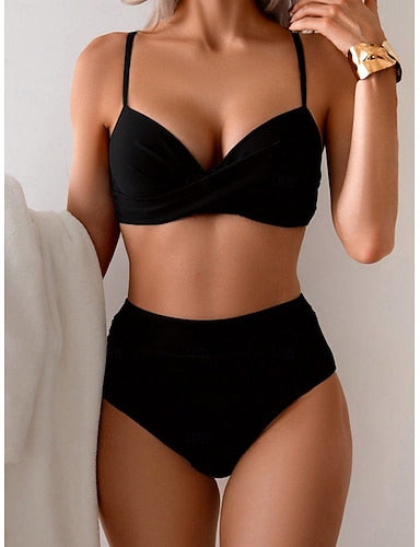 Bikini 2 Piece Swimsuit Ruched Cheeky Tummy Control High Waist Slim Backless Vacation Beach Wear Color V Neck Sleeveless Bathing Suits