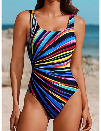One Piece Swimsuit Slimming Monokini Briefs Tummy Control High Waist Slim Backless Vacation Ombre Graphic U Neck Sleeveless Bathing Suits