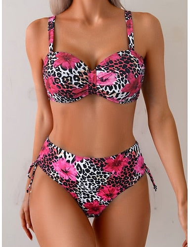 Swimwear Bikini 2 Piece Briefs Swimsuit Slim Backless Vacation Beach Wear Ombre Leopard V Neck Sleeveless Bathing Suits