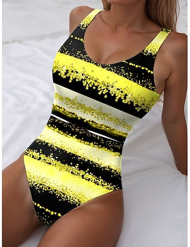 One Piece Swimsuit Slimming Monokini High Cut Tummy Control High Waist Slim Backless Vacation Ombre Graphic U Neck Sleeveless Bathing Suits