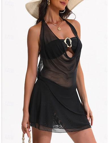 Swimwear Bikini Cover Up Three Piece Cheeky Swimsuit Halter Slim Backless Vacation Color Halter Neck Sleeveless Bathing Suits