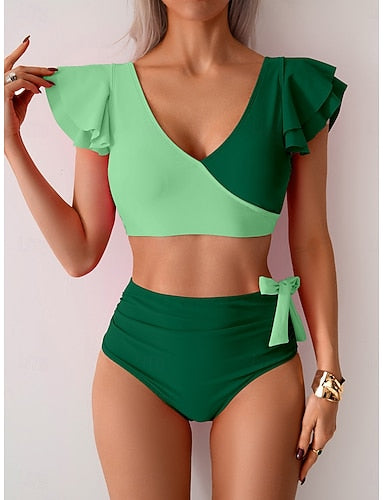 Bikini 2 Piece Swimsuit Colorblock Briefs Slim Backless Vacation Beach Wear Color Block V Neck Sleeveless Short Sleeves Bathing Suits