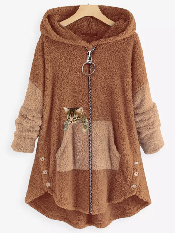 Manteau polaire à capuche avec panneaux colorblock et poche brodée d'un chaton
