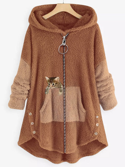 Manteau polaire à capuche avec panneaux colorblock et poche brodée d'un chaton