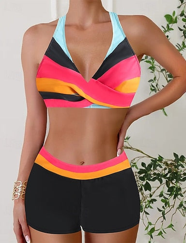 Swimwear 2 Piece Shorts Swimsuit Backless Vacation Beach Wear Geometic V Neck Sleeveless Bathing Suits
