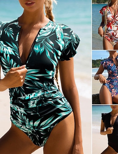 One Piece Swimsuit Slimming Zip Front Palm Monokini Tummy Control High Waist Slim Vacation Beach Wear Leaves Round Neck Short Sleeves Bathing Suits