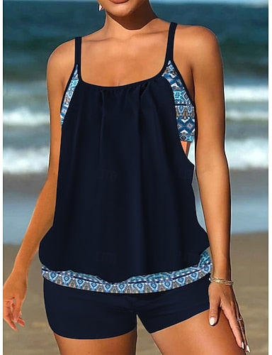 Tankini 2 Piece Swimsuit High Waist Tummy Control High Waist Slim Backless Vacation Beach Wear Graphic U Neck Sleeveless Bathing Suits