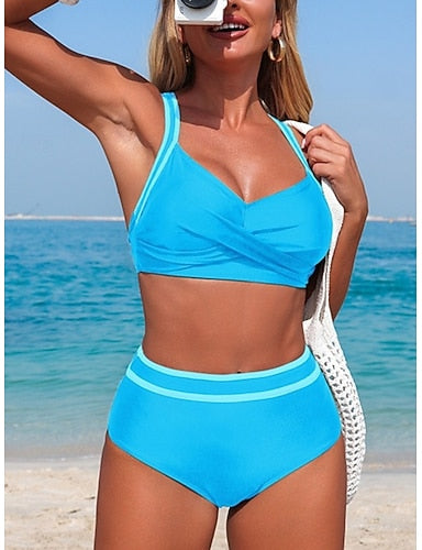 Swimwear Bikini 2 Piece Briefs Swimsuit Tummy Control High Waist Slim Backless Vacation Beach Wear Stripe V Neck Sleeveless Bathing Suits