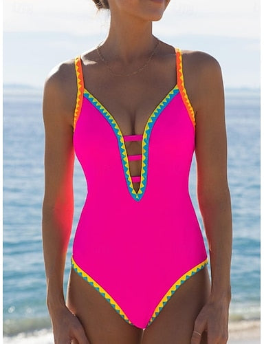 One Piece Swimsuit Slimming Cutout Monokini High Cut Tummy Control High Waist Slim Backless Vacation Beach Wear Color Block V Neck Sleeveless Bathing Suits