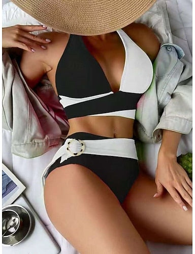 Swimwear Bikini 2 Piece Cheeky Swimsuit Slim Backless Vacation Beach Wear Color Block V Neck Sleeveless Bathing Suits