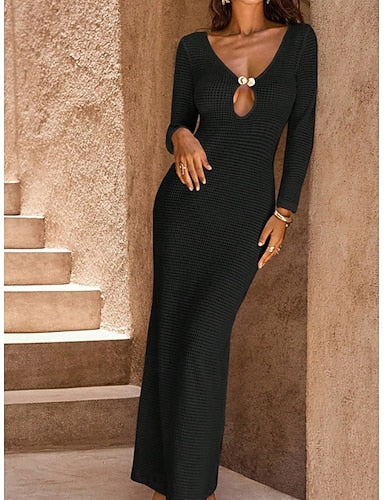 Maxi Long Dress Beach Dress Summer Dress Modern Outdoor Beach Vacation Loose Fit Plain Long Sleeve V Neck Black Brown Green Beige Summer Spring
