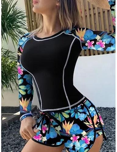 Tankini 2 Piece Swimsuit Palm Shorts Tummy Control High Waist Slim Backless Vacation Beach Wear Round Neck Long Sleeve Bathing Suits