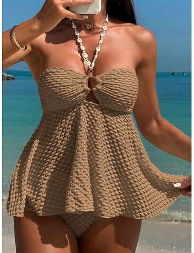 Tankini 2 Piece Swimsuit Underwire Cheeky Tummy Control High Waist Slim Strapless Backless Vacation Beach Wear Halter Neck Sleeveless Bathing Suits