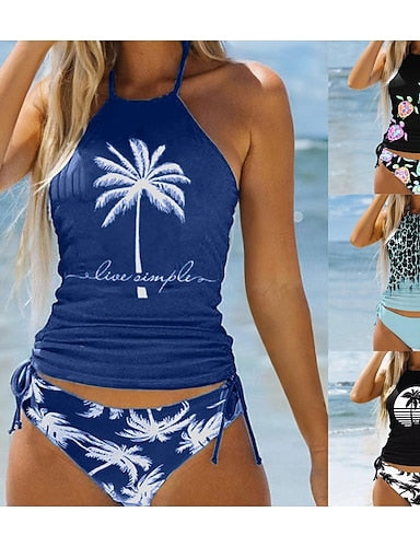 Tankini Two Piece Swimsuit Halter Open Back Swimwear Swimwear Black / White Black Quick Dry Lightweight Breathable Sleeveless - Surfing Beach Swimming Summer Spring
