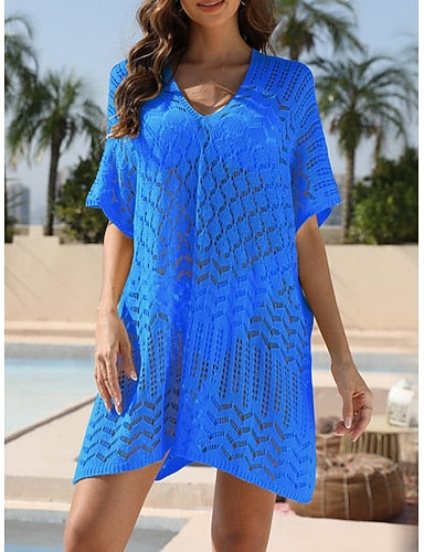 Cover Up Swimsuit Dress Cut Out Knit Vacation Beach Wear Color V Neck Short Sleeves Bathing Suits