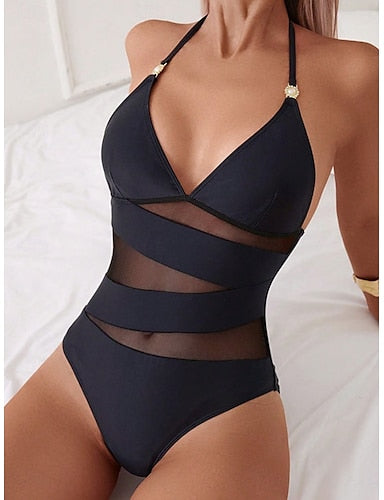 Swimwear One Piece Monokini Swimsuit Mesh Tummy Control High Waist Slim Backless Vacation Beach Wear Color U Neck Sleeveless Bathing Suits