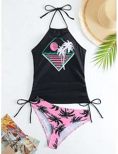 Tankini 2 Piece Swimsuit Ruched Briefs Tummy Control High Waist Slim Backless Vacation Beach Wear Graphic U Neck Sleeveless Bathing Suits