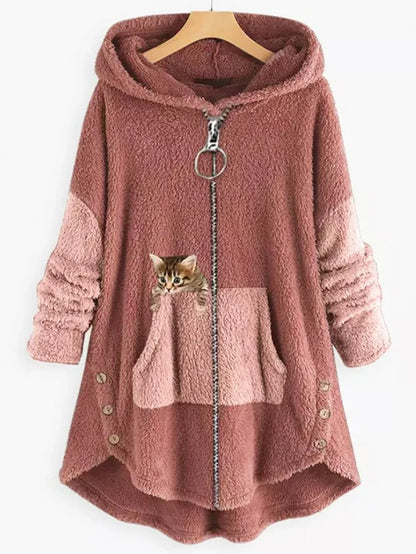 Manteau polaire à capuche avec panneaux colorblock et poche brodée d'un chaton