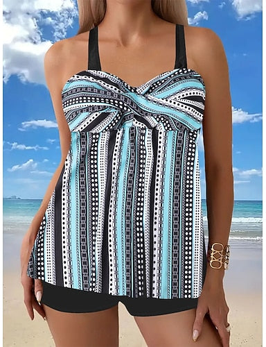 Tankini 2 Piece Swimsuit Shorts Tummy Control High Waist Slim Backless Vacation Beach Wear Geometric Striped V Neck Sleeveless Bathing Suits